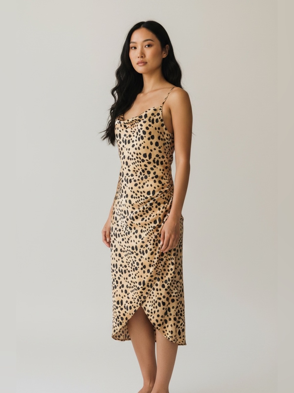 Leopard Print Satin Midi Dress Size L Cheetah Animal Spaghetti Strap Grunge Punk